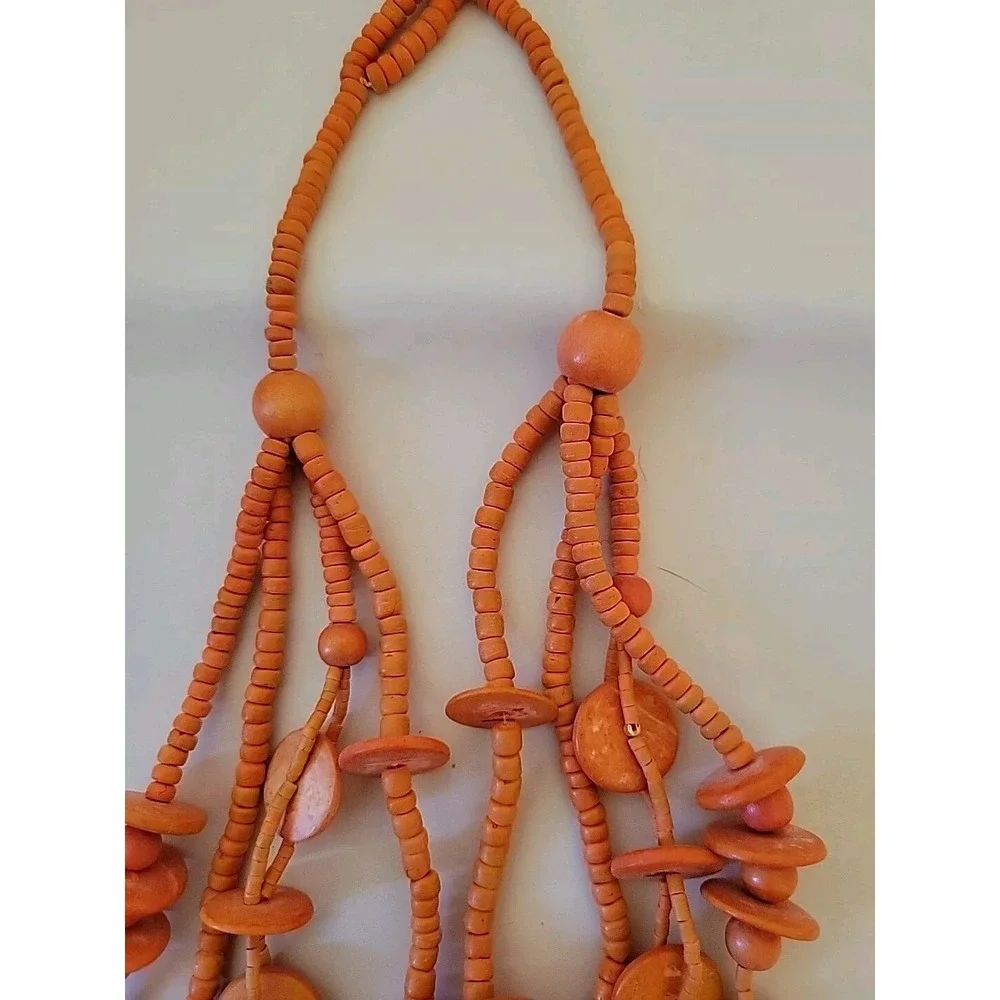 Necklace Dyed Wood‎ Beads Discs Multistrand Tiered Orange Boho Retro